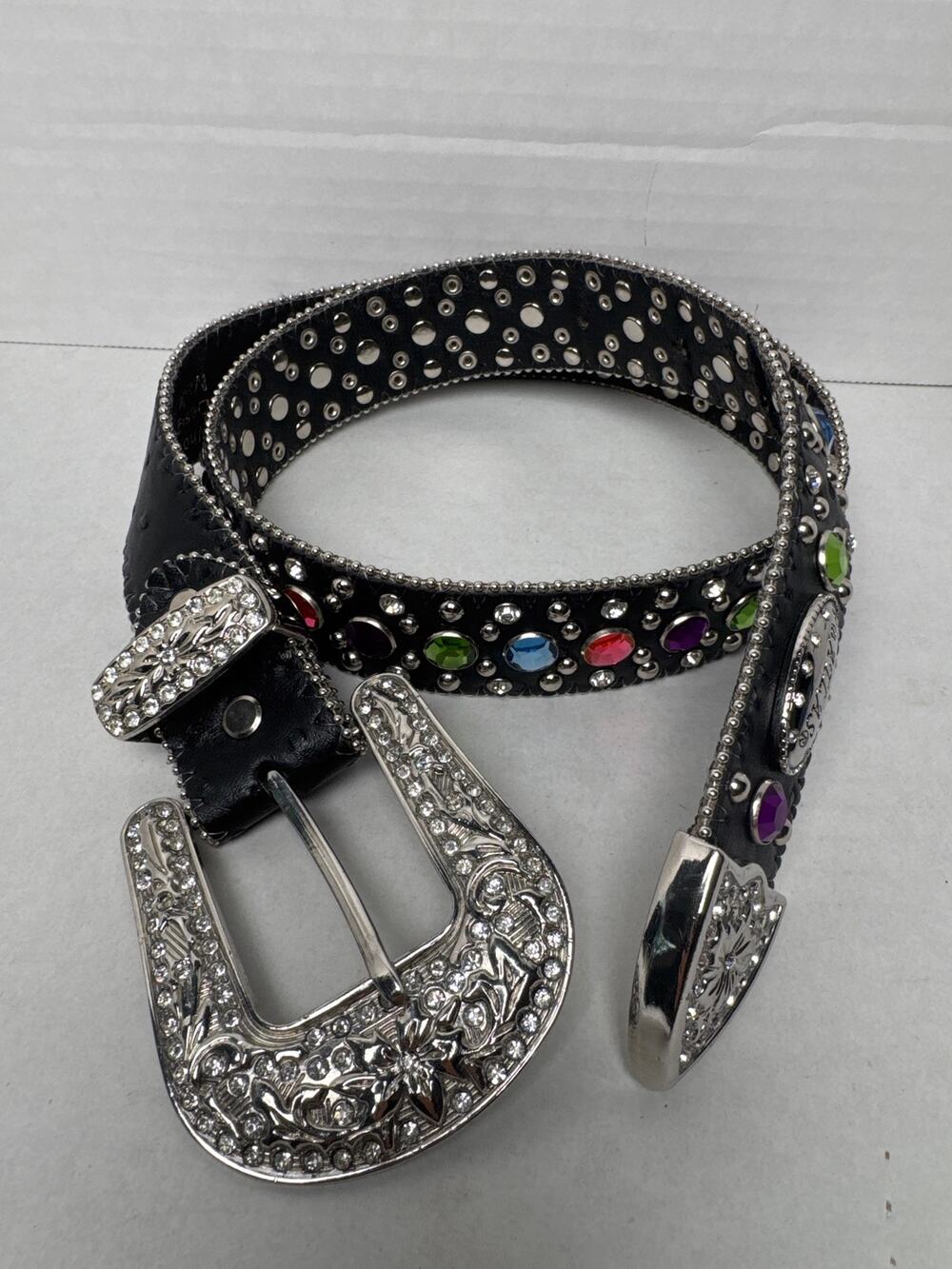 WB ATLAS Women's Western colored Rhinestone Black Belt size 38 Small